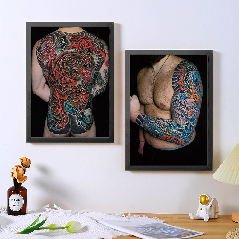 A4A3纹身海报相框画传统满背花臂写真刺青店客厅背景墙壁装饰画框