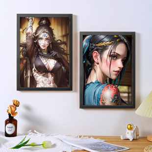 动漫插画女孩换装纹身装饰画A4海报框画直播背景墙黑色木质纹理画