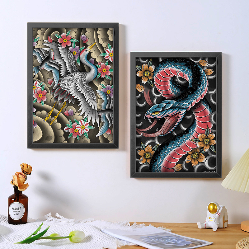 A4A3纹身海报相框画老传统大满背手稿刺青店客厅背景墙壁装饰画框