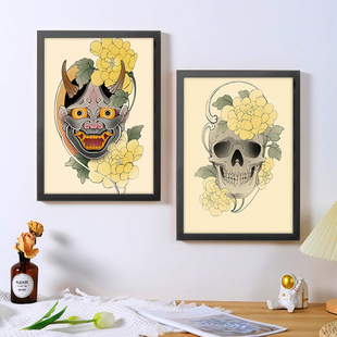 A4A3纹身海报相框画老传统骷髅般若蛇刺青店客厅背景墙壁装饰画框