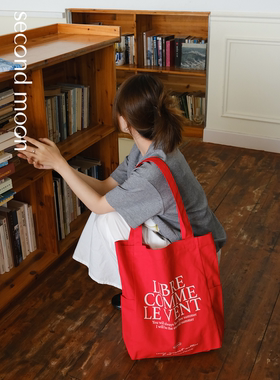 SecondMoon夏季通勤超大容量手拎单肩2025新款字母印花红色帆布包