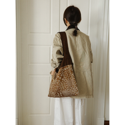 SecondMoon小众印花设计拼接亚麻羊毛韩系百搭随性撞色单肩包