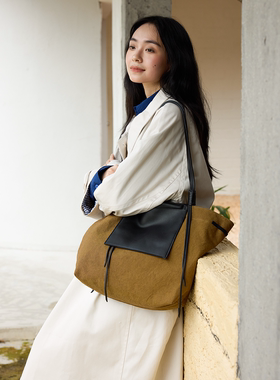 SecondMoon进口棉麻小羊皮大容量双面包简约百搭单肩通勤托特包