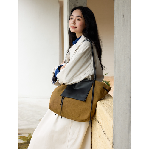 SecondMoon进口棉麻小羊皮大容量双面包简约百搭单肩通勤托特包