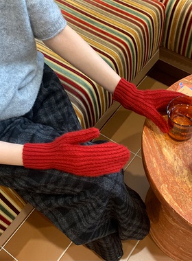 SecondMoon红色羊毛山羊绒氛围感针织保暖手套秋冬纯色百搭时尚