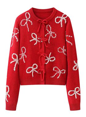 DN高端定制红色立体蝴蝶结装饰针织开衫女2026新款新年毛衣外套