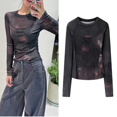 圆领修身显瘦拼接长袖皮肤衣女