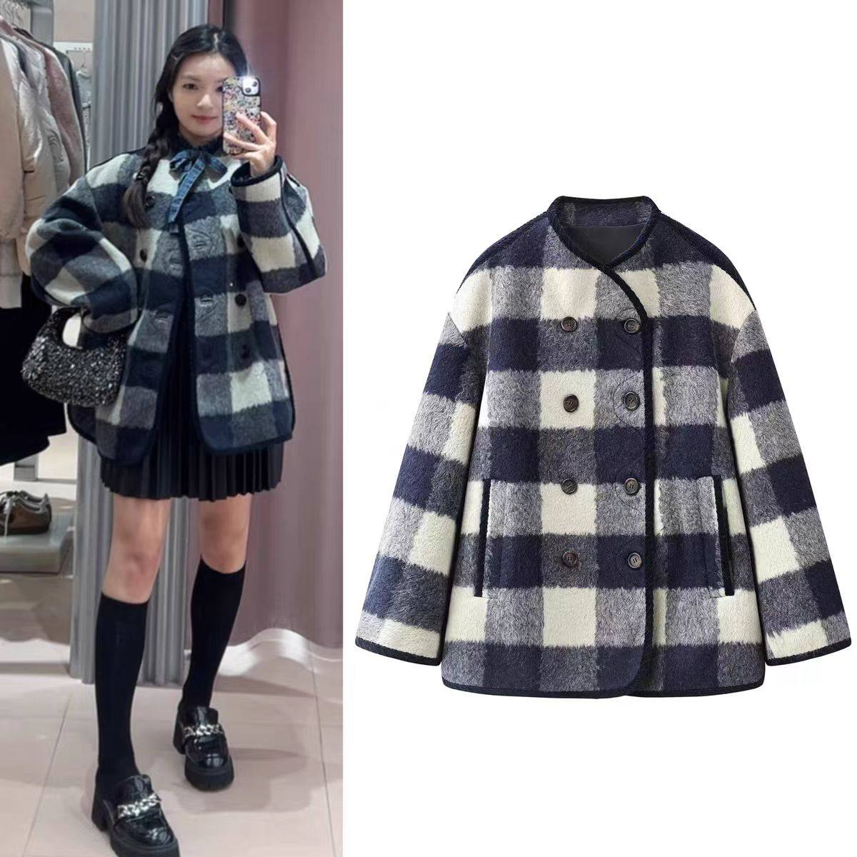 复古英伦风格纹毛呢外套女