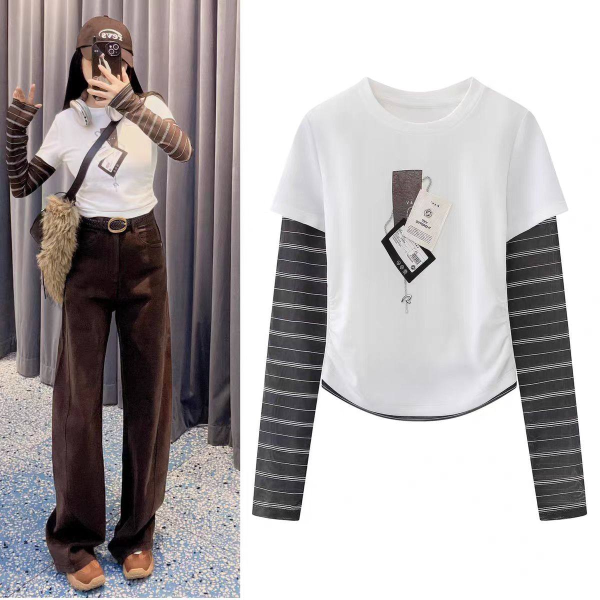 DN高端定制条纹拼接显瘦假两件长袖T恤女2026春季新款休闲风