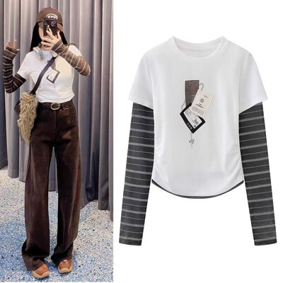 休闲风显瘦长袖假两件T恤女