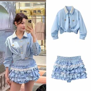 DN高端定制2025秋季新款时尚百搭翻领短款衬衫褶皱蛋糕短裙套装女