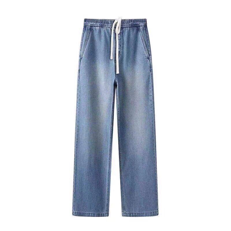 DN高端定制高腰抽绳阔腿裤牛仔裤女宽松百搭休闲长裤2026春季新款