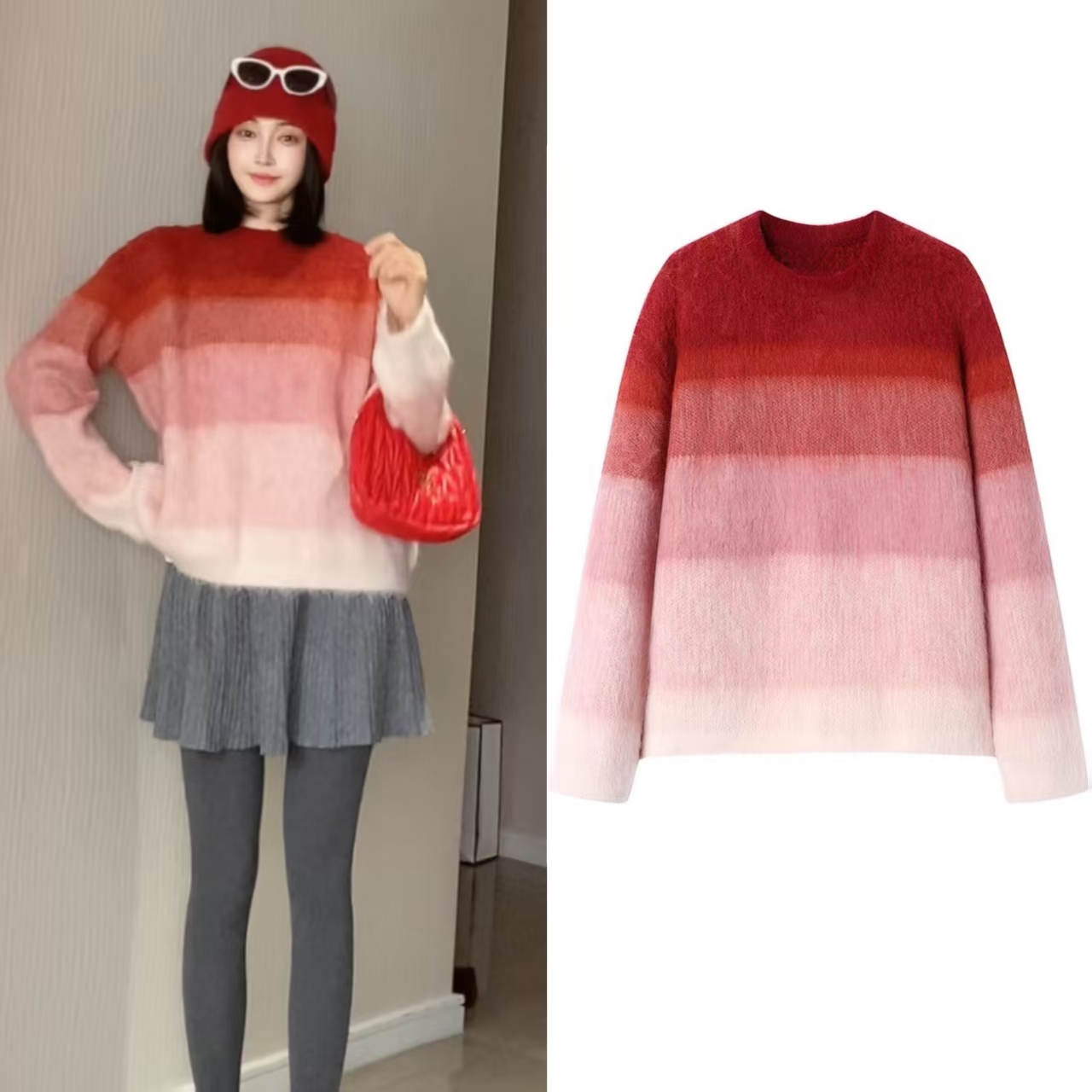 樱桃红渐变色毛绒感圆领针织上衣