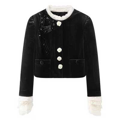 蝴蝶结丝绒短外套女钉珠刺绣