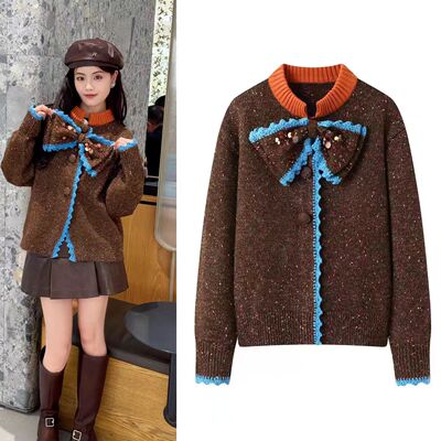 撞色重工蝴蝶结针织开衫女