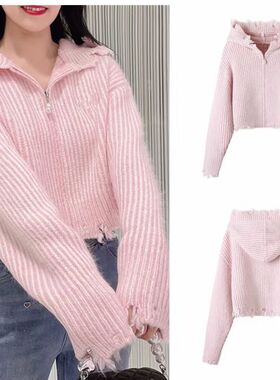 DN高端定制2025冬季新款时尚百搭甜美减龄半拉链连帽针织上衣女