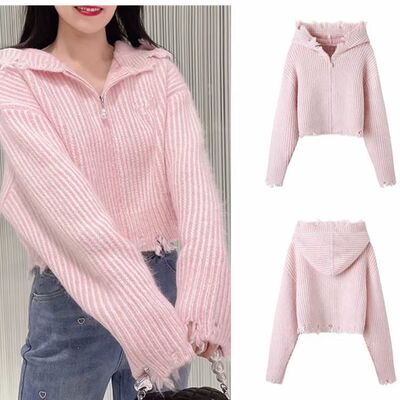 甜美减龄半拉链连帽针织上衣女