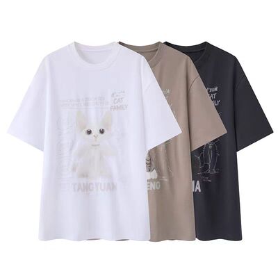 印花卡通猫咪字母短袖T恤女