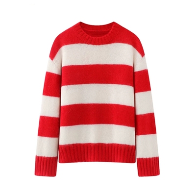 红白条纹针织衫女宽松毛衣