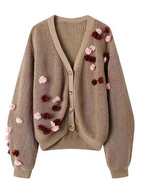 DN高端定制立体花朵针织开衫女2026春季复古风设计感长袖上衣