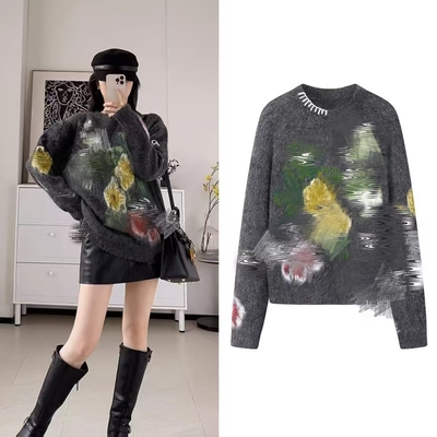 圆领宽松慵懒风提花针织上衣女