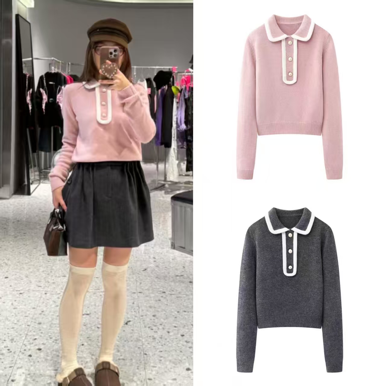 甜美可爱翻领显瘦长袖针织上衣女