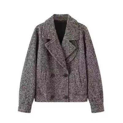 人字纹双排扣翻领短外套女