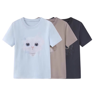 DN高端定制2025夏新款时尚百搭宽松设计感卡通印花猫咪短袖T恤女