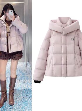 DN高端定制甜美风泡芙羽绒服女2025冬季粉色连帽白鸭绒保暖外套
