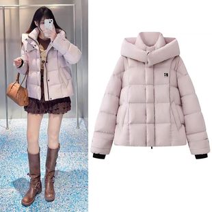 DN高端定制甜美风泡芙羽绒服女2025冬季粉色连帽白鸭绒保暖外套