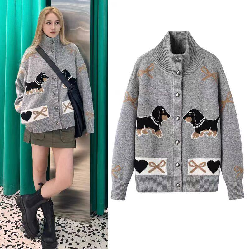 DN高端定制卡通小狗提花针织开衫女宽松立领长袖灰色毛衣外套