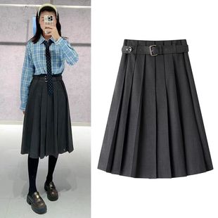 DN高端定制学院风高腰百褶裙女中长款 A字半身裙配腰带百褶半裙