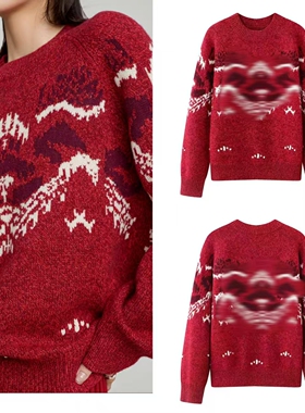 DN高端定制费尔岛风红色毛衣女宽松圆领套头针织衫显瘦上衣