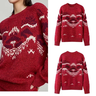 DN高端定制费尔岛风红色毛衣女宽松圆领套头针织衫显瘦上衣