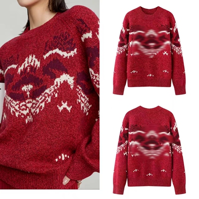 费尔岛风红色毛衣女针织衫