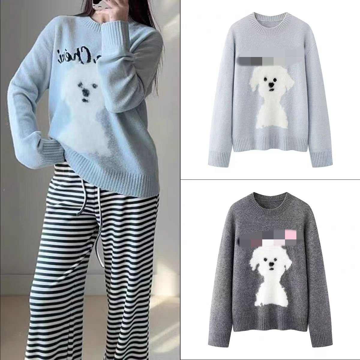 DN高端定制休闲风卡通小狗印花圆领套头针织衫女百搭长袖毛衣,女装/女士精品,毛针织衫,淘宝优惠券,粉丝福利购,淘宝优惠卷