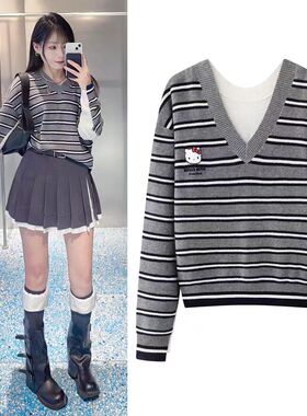 DN高端定制卡通风条纹针织衫女2026春季新款V领套头拼色长袖毛衣
