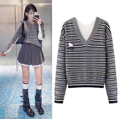 卡通风条纹针织衫女拼色长袖毛衣