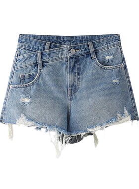 DN高端定制2025夏季新款复古斜襟腰毛边流苏破洞蓝色牛仔短裤女