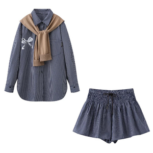 DN高端定制2025春新款时尚百搭休闲宽松设计感格子衬衫短裤套装女