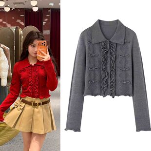 DN高端定制甜美风立体蝴蝶结花边翻领短款开衫女长袖针织毛衣上衣