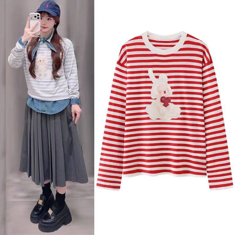 DN高端定制卡通印花针织衫女2026春季新款休闲条纹长袖T恤