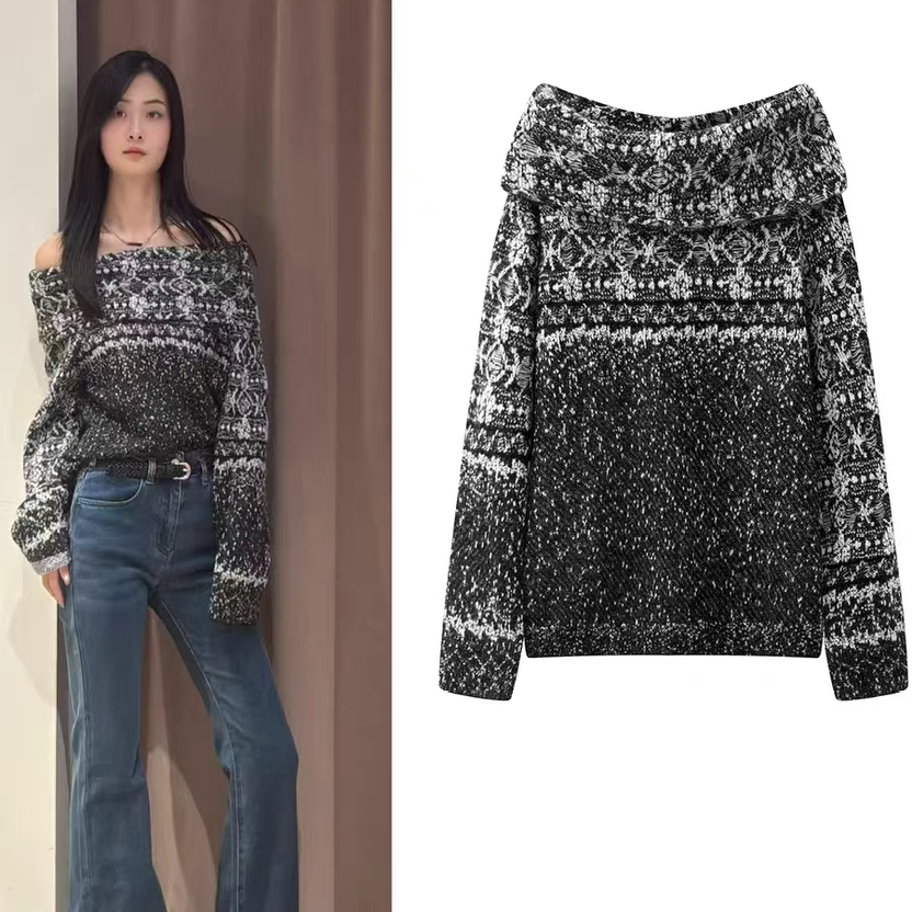 慵懒风高级感一字肩提花针织衫女