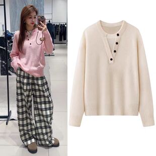 DN高端定制假两件针织衫女2026冬季新款圆领套头落肩袖毛衣慵懒风