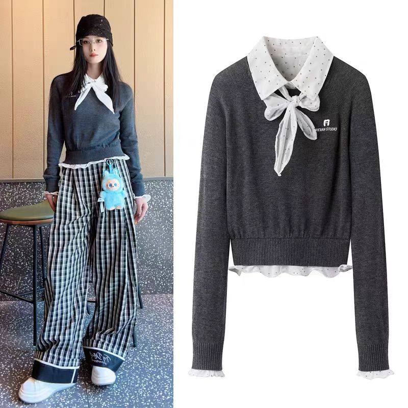 假两件蝴蝶结系带翻领针织衫女