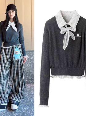 FN高端定制学院风假两件蝴蝶结系带翻领针织衫女显瘦打底衫毛衣