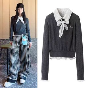 FN高端定制学院风假两件蝴蝶结系带翻领针织衫女显瘦打底衫毛衣