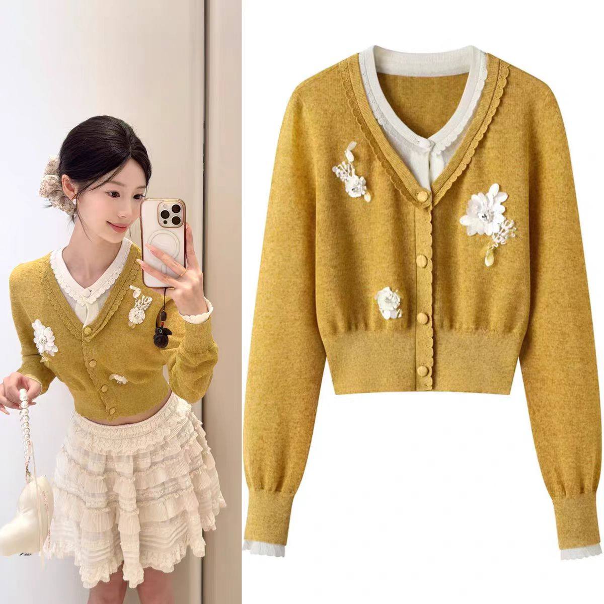 DN高端定制复古V领立体花朵装饰针织开衫女修身显瘦短款毛衣上衣
