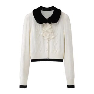 DN高端定制千金风娃娃领撞色针织开衫女蝴蝶结装饰减龄毛衣上衣