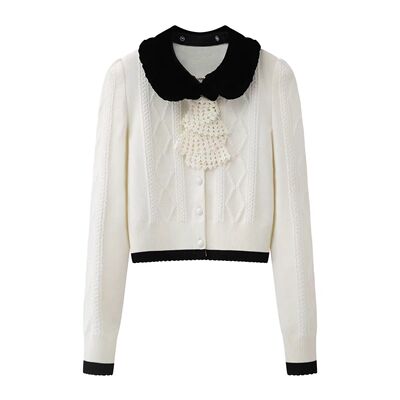 千金风娃娃领撞色针织开衫女